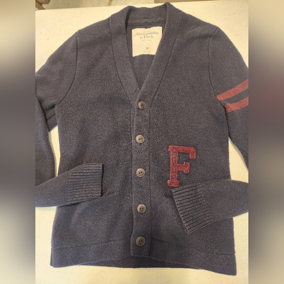 Abercrombie & Fitch Cardigan‎ Mens M Navy Letterman Sweater University Logo - Picture 2 of 11